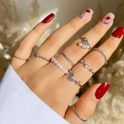 9pcs Thin Hollow Pearl Crystal Core Ring Set